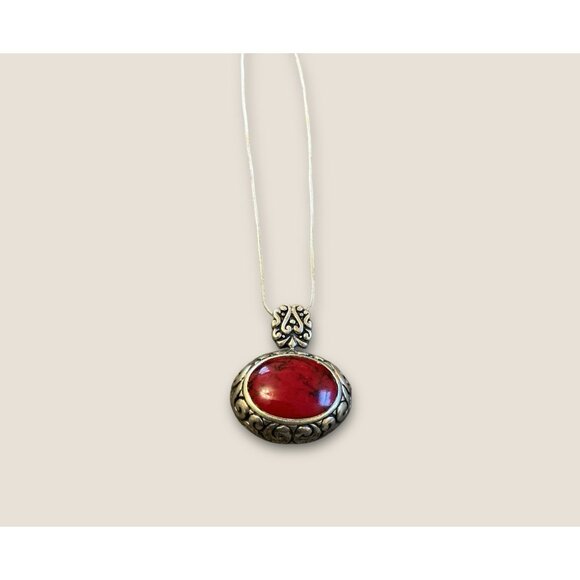 Sterling Silver  Mexico Red Stone Pendant Necklace - Picture 2 of 5